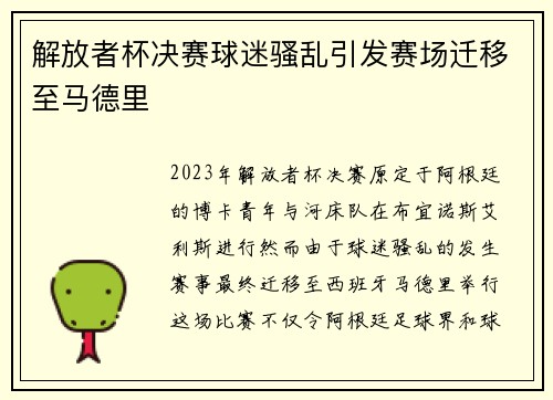 解放者杯决赛球迷骚乱引发赛场迁移至马德里